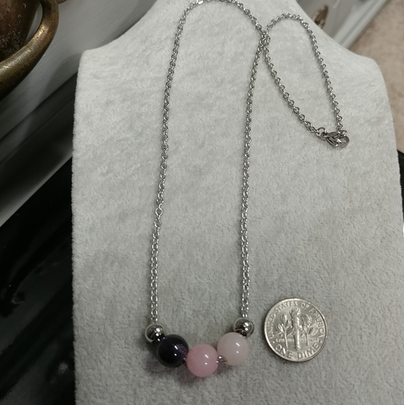 Rose Quartz Amethyst Three Bead Necklace Natural Gemstone Crystal StainlessSteel - Picture 9 of 14